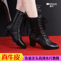 Sailor dance boots wear dancing shoes womens autumn and winter warm boots 2021 new leather square dance shoes soft bottom