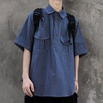 Japanese striped shirt Mens short-sleeved T-shirt polo shirt ins Ruffian handsome Harajuku retro top summer loose tooling trend