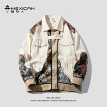 Scarecrow denim jacket mens spring and autumn large size flower embroidery color-block jacket Tide brand casual loose jacket