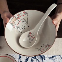  Japanese household commercial large spoon Ceramic long handle large soup spoon spoon porridge spoon underglaze color microwave oven tableware