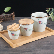Japanese ceramic hand cup tea cup chicken tank small water tank Creative kitchen seasoning tank combination set with lid spoon