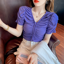  Pure cotton short-sleeved t-shirt womens summer 2021 new skinny half-sleeved pleated v-neck slim thin bubble sleeve top