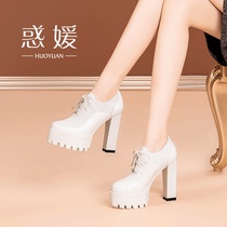 Spring and autumn new beige 12cm super high heel leather womens shoes waterproof table thick bottom deep mouth single shoes women