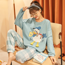 Pure cotton pajamas womens spring and autumn and summer thin long-sleeved two-piece suit cute cartoon cotton womens autumn and winter home clothes