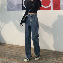 High-waisted straight jeans Womens Small autumn 2021 New retro loose chic autumn wide leg pants