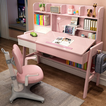 Pink childrens learning table can lift primary school students to write homework desks and chairs home girls writing table solid wood desk