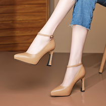 Inside and outside full leather thick heel shallow single shoes women Spring 2021 New pointed foot ring strap waterproof table high heels