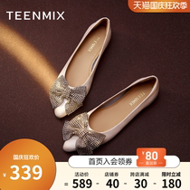 Tian Meiyi shallow mouth single shoes women 2021 autumn new shopping mall with bow shallow shoes leather shoes sweet style single shoes