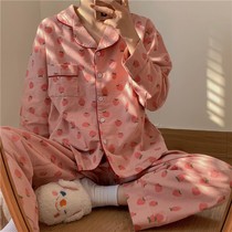 ins Korean version of strawberry sweet spring and autumn long-sleeved trousers cardigan pajamas womens autumn suit students wear home clothes outside