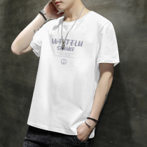 Summer mens short-sleeved t-shirt pure cotton white top clothes round neck loose tide brand trend boys half-sleeve teenagers