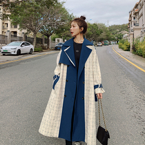Mid-long stitching color coat womens autumn and winter thick trench coat 2021 large size draping loose knee jacket
