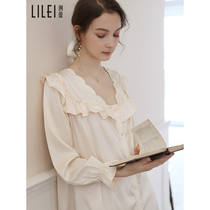 Night dress female summer ice silk thin section loose embroidery ruffle French court style long over-the-knee autumn home service