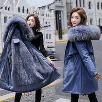 2021 winter cotton coat drawstring waist thin plus velvet thickening jacket down cotton clothes womens medium-long pike clothes