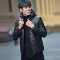 New Haining sheep leather leather men short slim leather down jacket hooded leather jacket casual warm coat winter