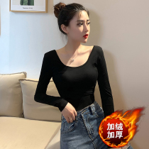 Black plus velvet thick warm base shirt female autumn winter foreign style inside 2021 new low collar velvet Joker top