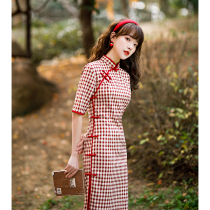 Plaid cheongsam 2021 new summer young girl long section daily student retro modified dress