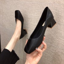 I break dinner date social female temperament square head single XIE~Thick-heeled Doudou XIE Shallow scoop XIE