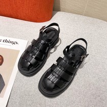 Wushe black~Japanese leather Baotou cool XIE Openwork braided Roman XIE Thick bottom beach XIE