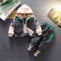 Boys winter suit 2020 new childrens clothes foreign style plus velvet padded baby winter denim three-piece tide