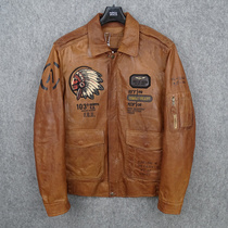 Extra large size export surplus vegetable tanned oil wax sheepskin leather leather mens flight suit Indian million needle embroidery