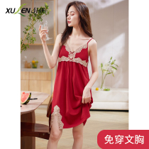 Red Sleeping Dress Lady Summer Thin pure cotton with chest cushion Sling Pyjamas sexy lace Home Suits Women Dress Dress