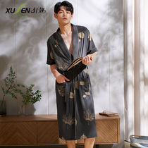 Modal mens nightgown summer thin short-sleeved summer one-piece Japanese large size pajamas Medium-long bathrobe Yukata