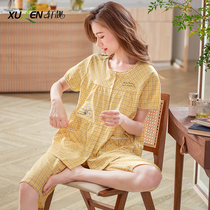 2021 new pajamas womens summer thin woven pure cotton short-sleeved three-point pants cotton home wear two-piece suit
