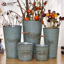 (Miyang)Retro tin flower barrel flower pot American vase Iron flower vase Flower tube Flower shop window display decoration