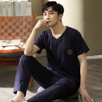 Cotton pajamas mens 2022 new summer thin 100 cotton short sleeve trousers plus size homewear set