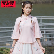 Hanfu summer costume improved Tang cheongsam buckle top Chinese style womens cotton linen embroidered tea suit