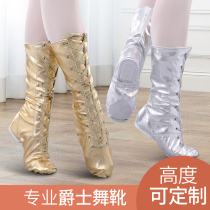 Gold and silver high-top extended dance shoes jazz dance boots riding boots high tube bright leather childrens performance stage shoes ^