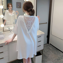 Night dress womens 2021 new pajamas summer sexy ice silk thin white shirt lace summer home clothes