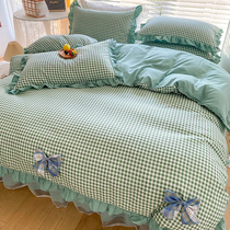 Simple girl bed skirt four-piece set Cotton pure cotton lace quilt cover Lace bed skirt European style plaid on the bed Small fresh