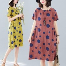 Cotton linen art large size polo point dress women Summer age cotton silk linen Belly Belly short sleeve loose Medium-length dress