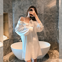 Boyfriend Wind Shirt Sleeping Dress Woman Sensation Dew Shoulder Ice slim fit outside Korean version of pure desire to sleep in spring and summer home dress
