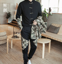 Chinese style buckle Hanfu suit ancient style cotton and linen Chinese style young Chinese Tang suit male slim long sleeve