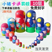 10 Floors Russian Jacket Toys Small Pig Cartoon Pure Hand Painted Pattern Wooden Childrens Festival Gift Creative Furnishing