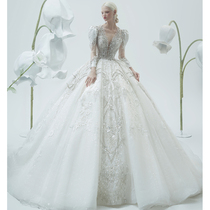 Satin long sleeve main wedding dress 2021 new bride big tailing French light and heavy work small man court style female winter