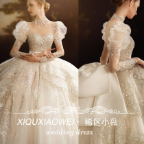 Long sleeve main wedding dress bride 2021 new big tailing vintage French light and heavy work Starry Sky Court wind summer