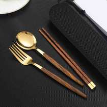 Stainless steel tableware portable fork wooden chopsticks spoon kit tableware portable collection box tableware set