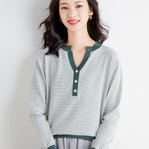 Round neck striped sweater women 2021 autumn and winter New Joker pullover sweater loose slim button base long sleeve