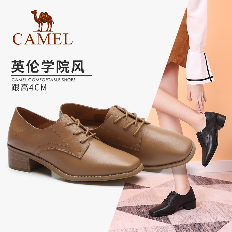 Camel Autumn New Head Cowhide Leather Women's Shoes Square Head Fashion Shoes Women's Medium-heeled Rough-heeled Single Shoes