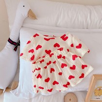Girls net red love flying sleeve T-shirt set breathable gauze summer short-sleeved Korean version of childrens shorts two-piece set