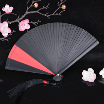 Chinese Wind All Bamboo Fan Small Number of vegetarian noodles Japanese style Gongfeng Mens and womens folding fan handmade red black small dance fan