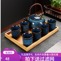 Ceramic Kung Fu tea cup set home Chinese restaurant bubble teapot with tray kiln retro hot and cold kettle