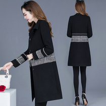 Coat womens long 2021 new autumn and winter fashion Korean fashion foreign style mosaic plaid black coat