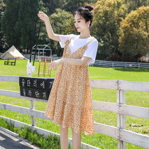 Pregnant womens suspender skirt Xia Chao summer dress summer temperament foreign style floral fake two pieces of pure cotton maternity autumn dress