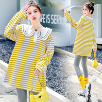 Autumn maternity T-shirt long sleeve top pregnant women autumn suit fashion model 2021 New striped lapel yfz