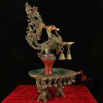  A pair of pure copper hand-made inlaid gemstones painted phoenix oil lamp wax tables in Nepalese monasteries