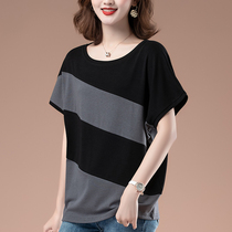  Middle-aged mother cotton t-shirt womens short-sleeved summer clothes loose plus-size T-shirt to cover the belly and show thin striped bottoming undershirt